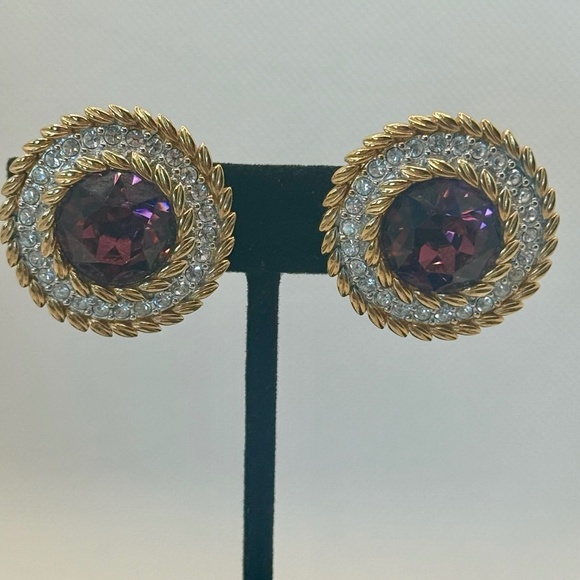 Swarovski SAL Rhinestone Dentelle Faceted Faux Amethyst Earrings - Picture 5 of 5